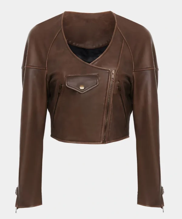 Classic Brown Cropped Scoop-Neck Leather Jacket For Women's