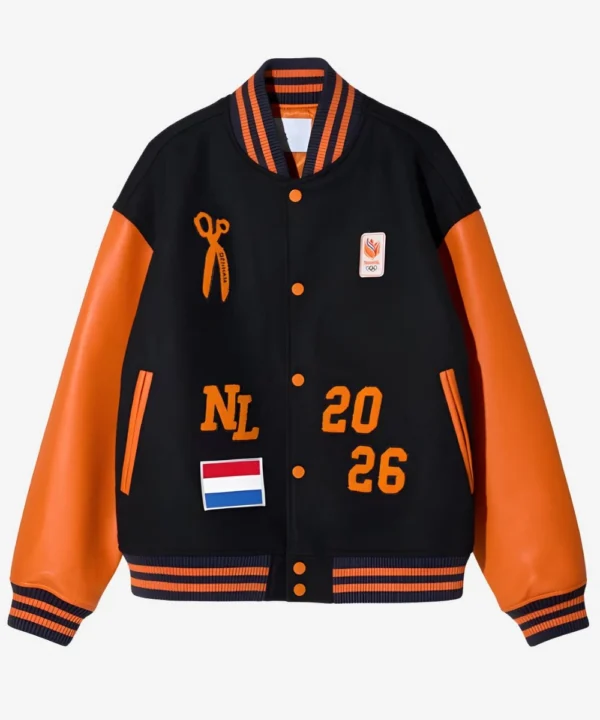 Denham Team Netherlands Black & Orange Varsity Bomber Jacket