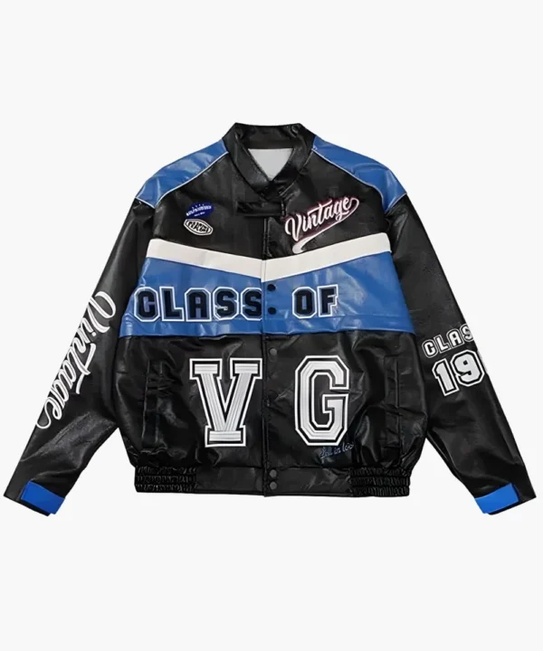 K-Pops 2026 Movie Racing Vintage Leather Jacket Black & Blue