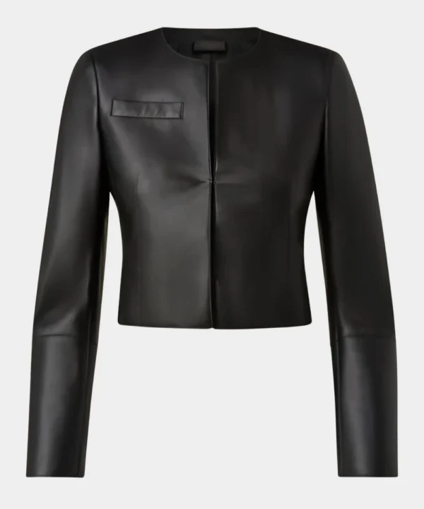 Plain Cropped Black Leather Jacket Women's