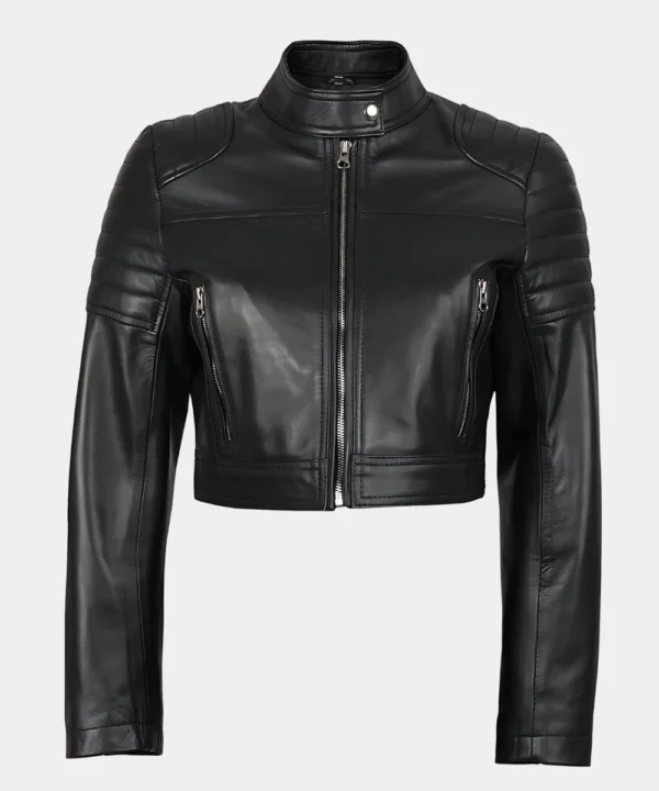 Women's Cafe Racer Cropped Black Leather Jacket