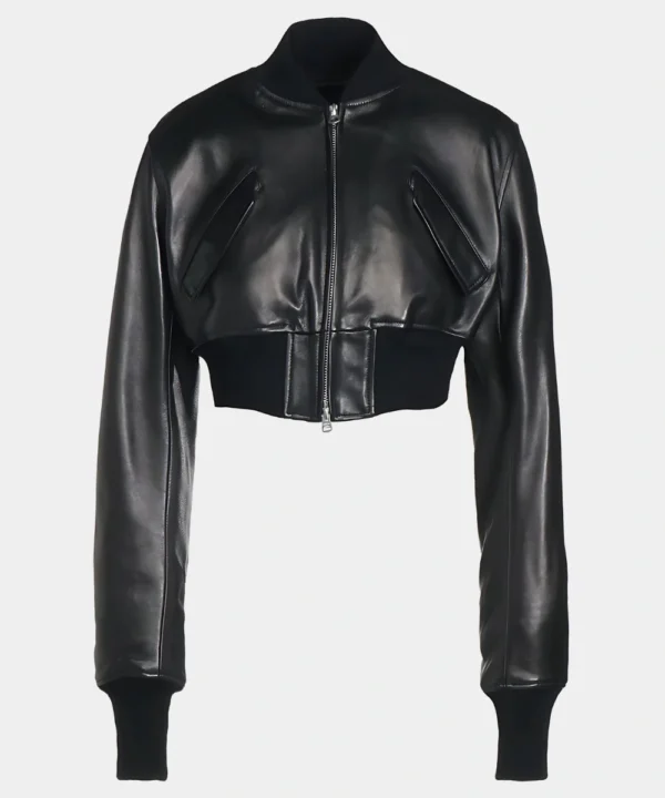 Women's Classic Cropped Black Leather Bomber Jacket