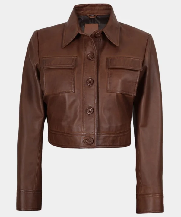Women’s Cropped Brown Shirt Collar Leather Jacket