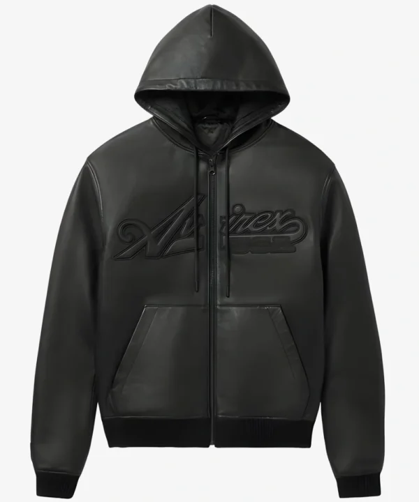 Avirex Script Nappa Black Leather Hoodie Men's