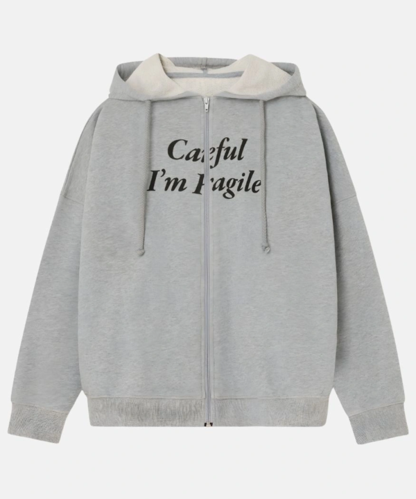 Careful Im Fragile Zip Up Grey Fleece Hoodie Unisex