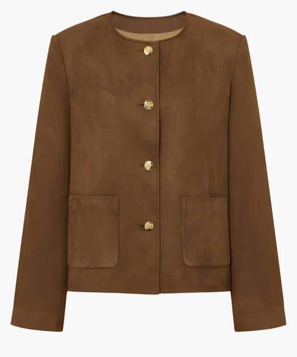 Classic Brown Suede Leather Collarless Jacket For Women's