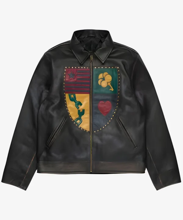 Men's Denim Tears Libertas Crest Washed Black Leather Jacket