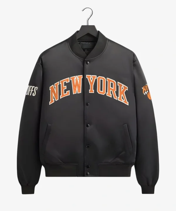 Men's Kith for the New York Knicks Playoffs Black Satin Bomber Jacket