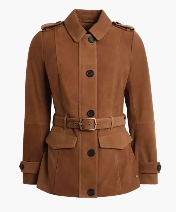 Suede Leather Front Belt Tan Jacket For Women's