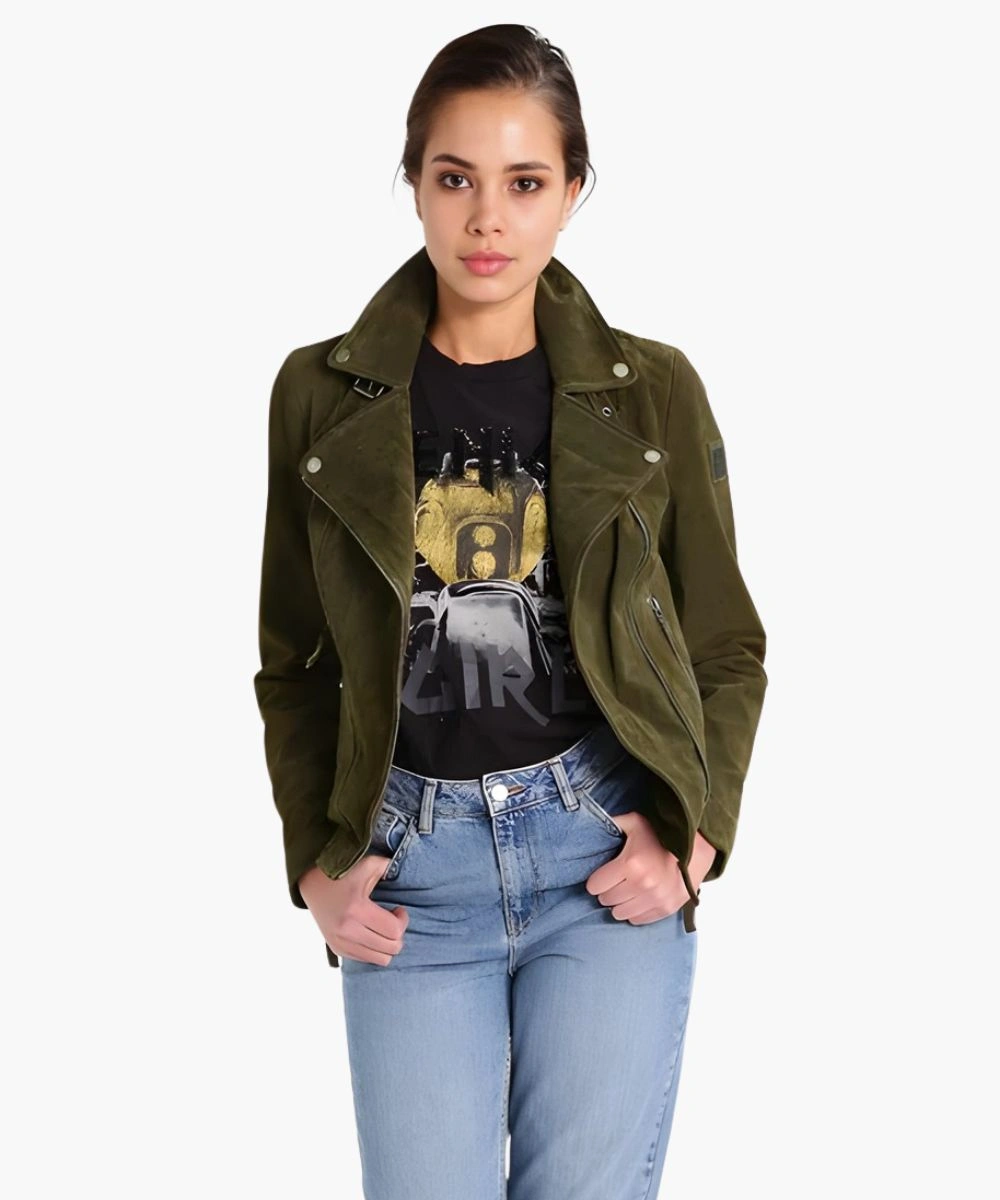 Suede Leather Green Biker Jacket Women’s