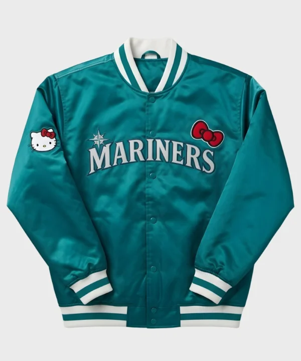 Unisex Seattle Mariners Hello Kitty Green Satin Bomber Jacket