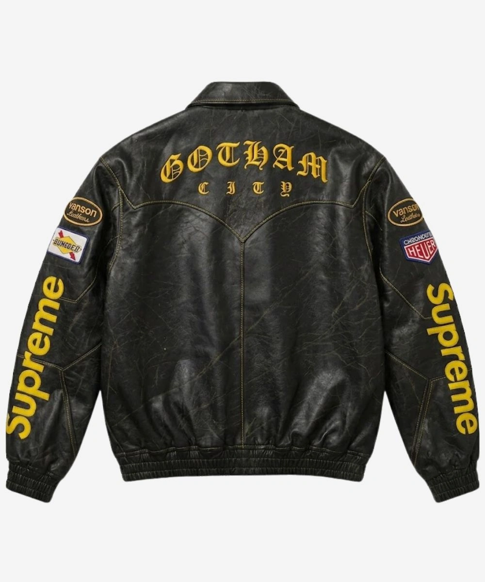2026 Supreme x The Batman Gotham City Racing Leather Jacket Black