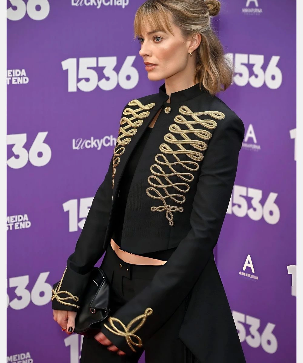 Australian Actress Margot Robbie 2026 McQueen Napoleon Military Jacket Black & Gold