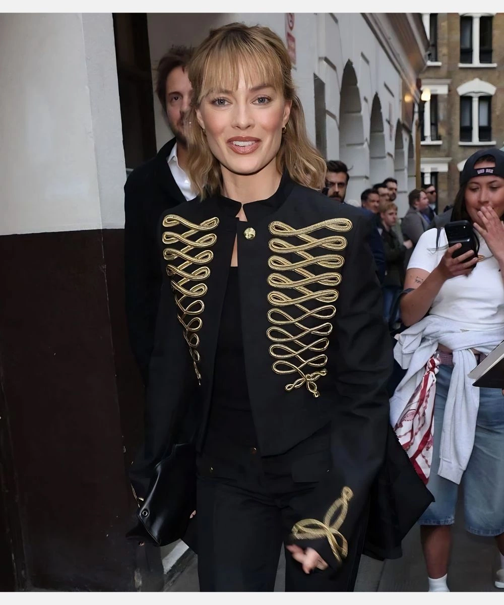Australian Actress Margot Robbie 2026 Met Gala McQueen Napoleon Military Jacket Black & Gold