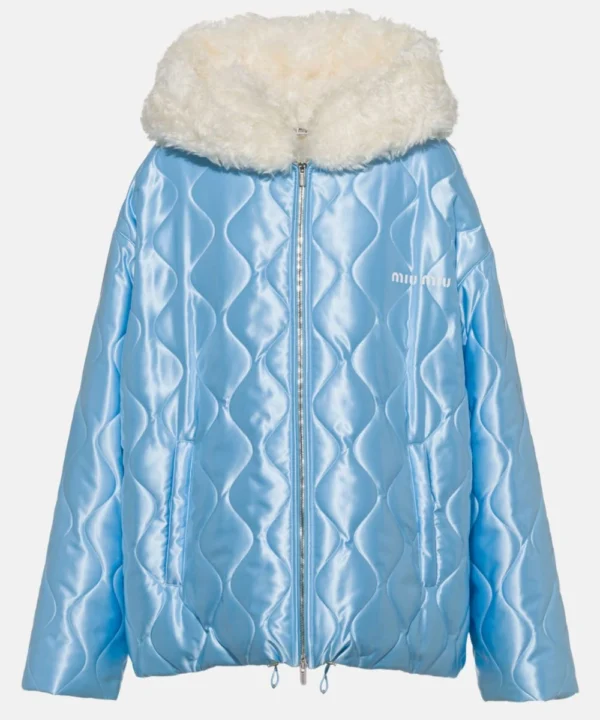 Canadian Rapper Drake ICEMAN Miu Miu Quilted Fur Hooded Puffer Jacket Blue