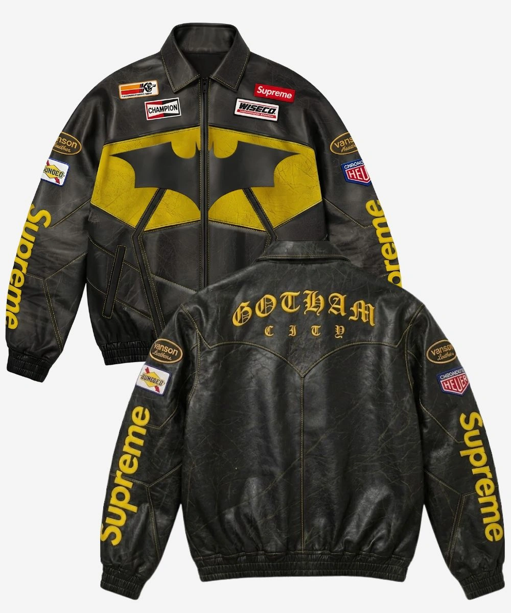 Unisex 2026 Supreme x The Batman Gotham City Racing Leather Jacket Black