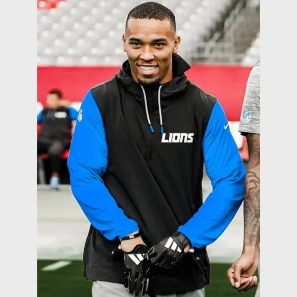 2024 Detroit Lions Blue & Black Sideline Pre-Game Half-Zip Hoodie Jacket