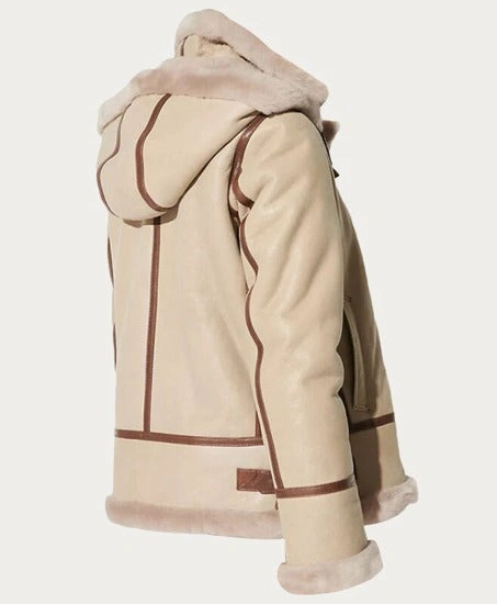 Alicia Flight Pilot Aviator Shearling Fur Beige with Detachable Hood Jacket