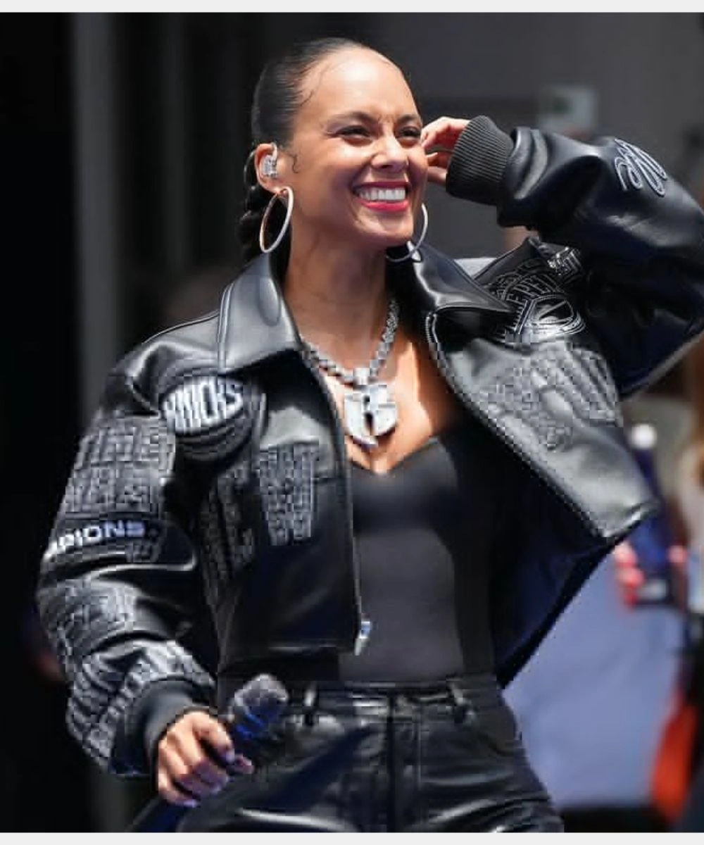 Alicia Keys New York Knicks Victory Parade Black Cropped Leather Jacket