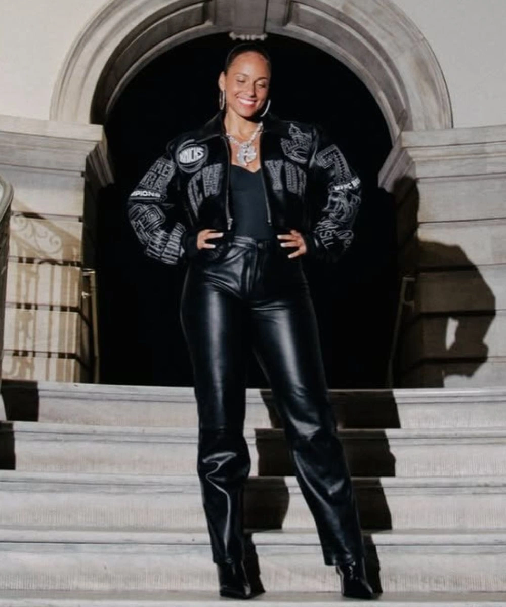 Alicia Keys New York Knicks Victory Parade Pelle Pelle Cropped Jacket Black