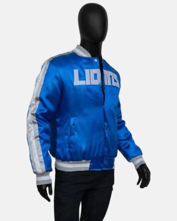 American Football Team Detroit Lions Calvin Johnson Blue Satin Varsity Bomber Jacket