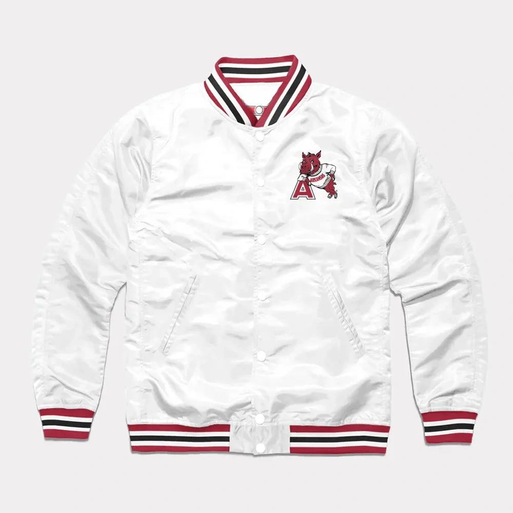 Arkansas Leaning Hog Full Snap Varsity White Satin Jacket