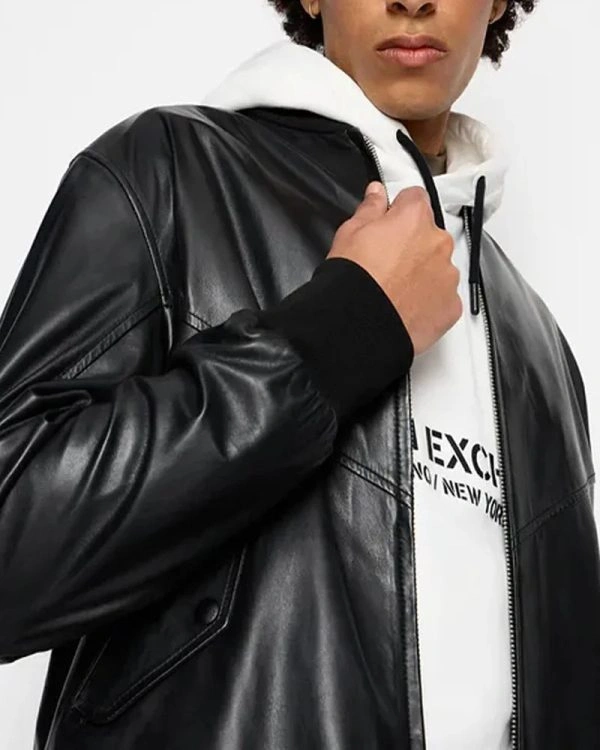 Armani Exchange Black Leather Biker Bomber Jacket