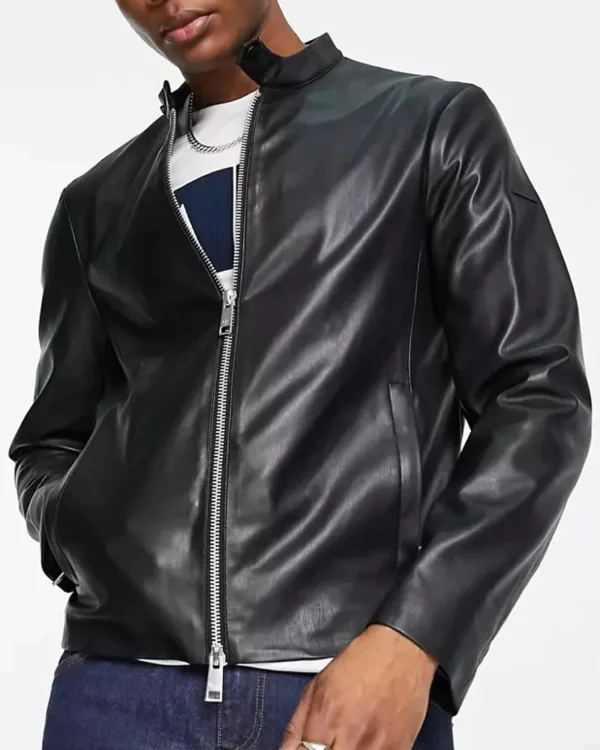 Armani Exchange Black Leather Biker Jacket For Men