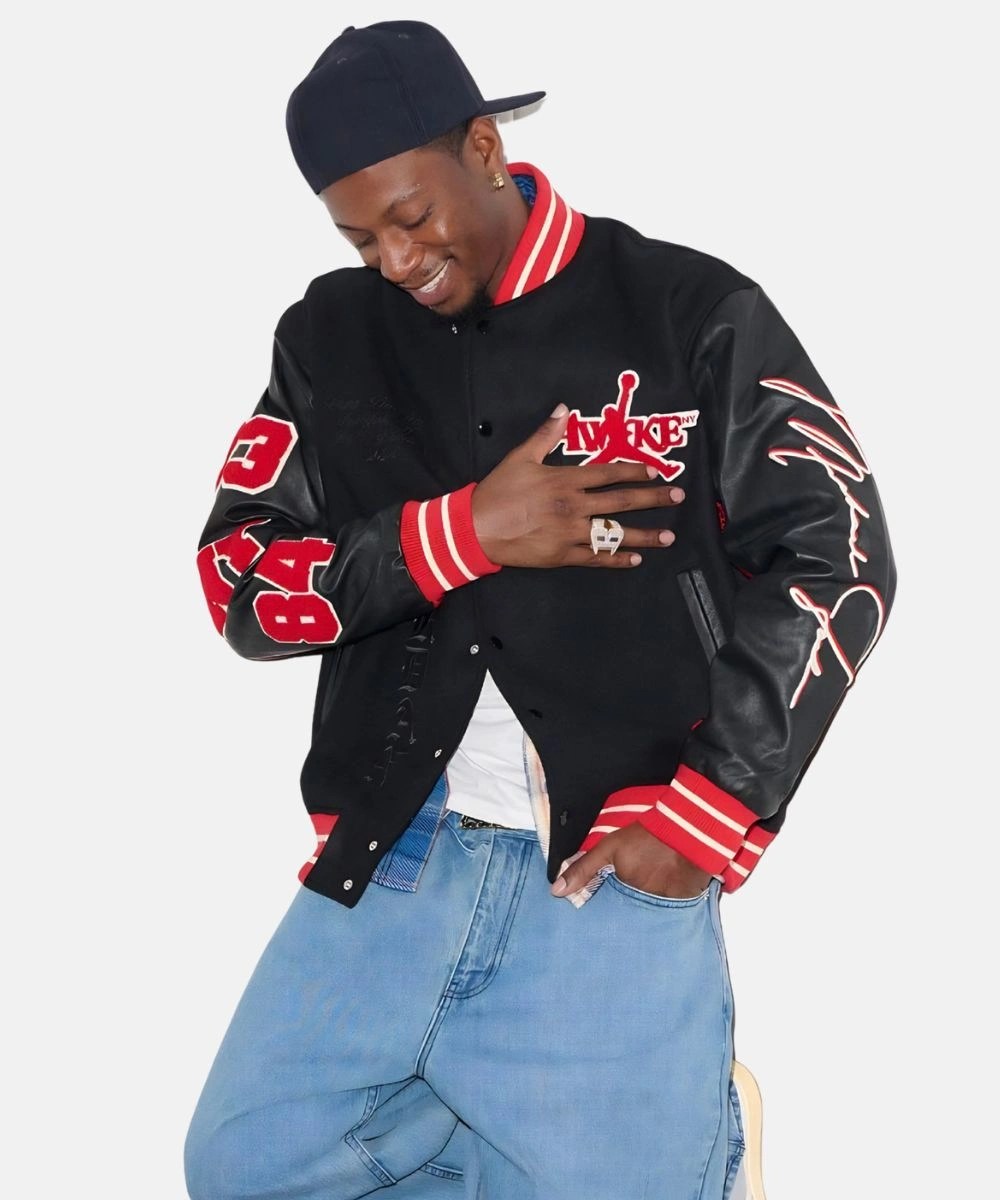 Awake New York Jordan Black & Red Varsity Letterman Bomber Jacket