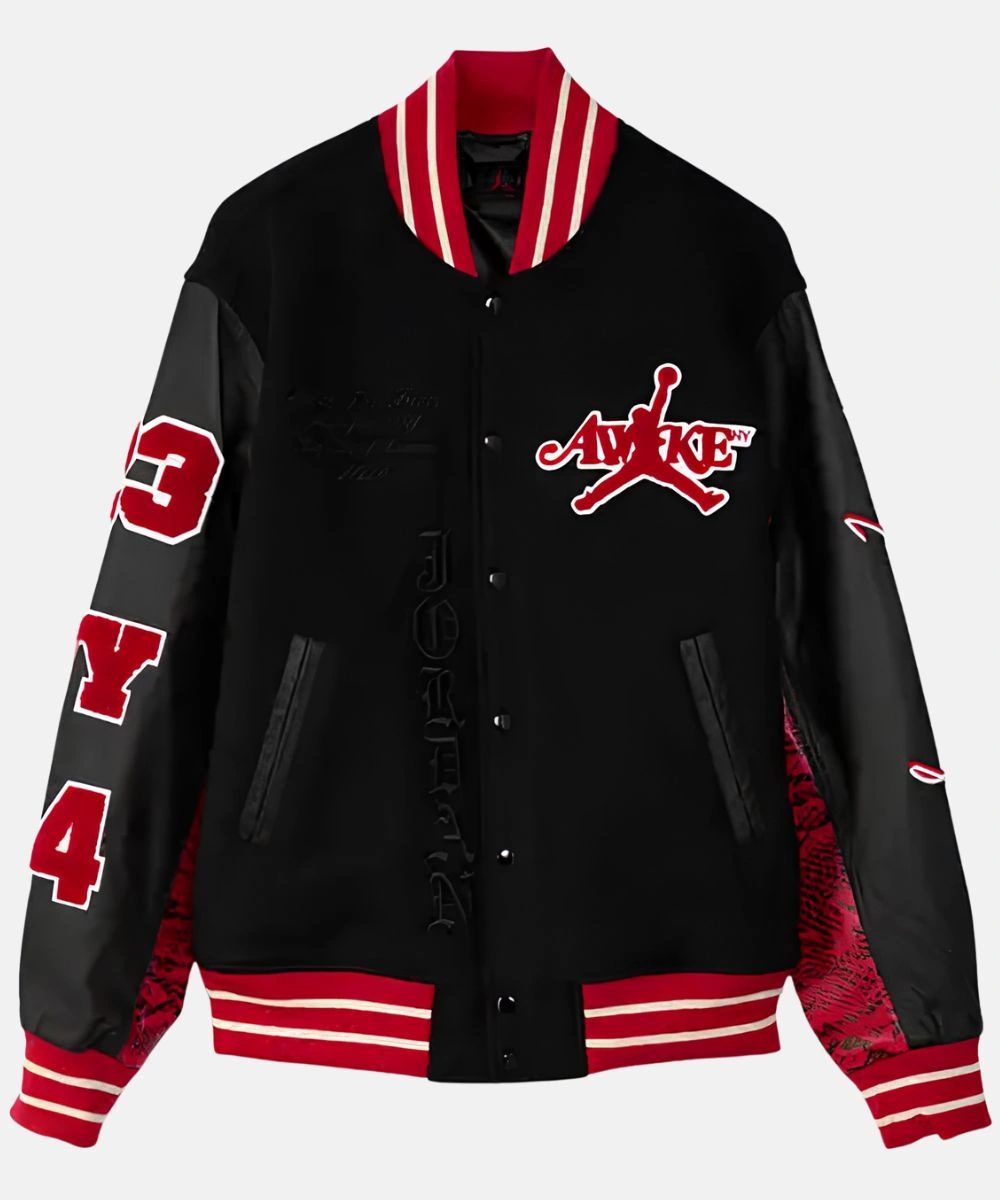 Awake New York Jordan Varsity Letterman Bomber Jacket Black & Red