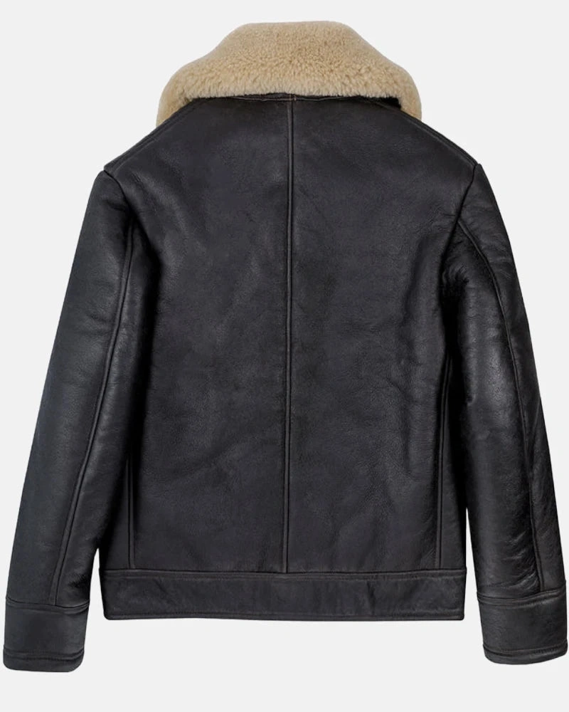 B-2 Aviator Shearling Sheepskin Black Leather Bomber Jacket