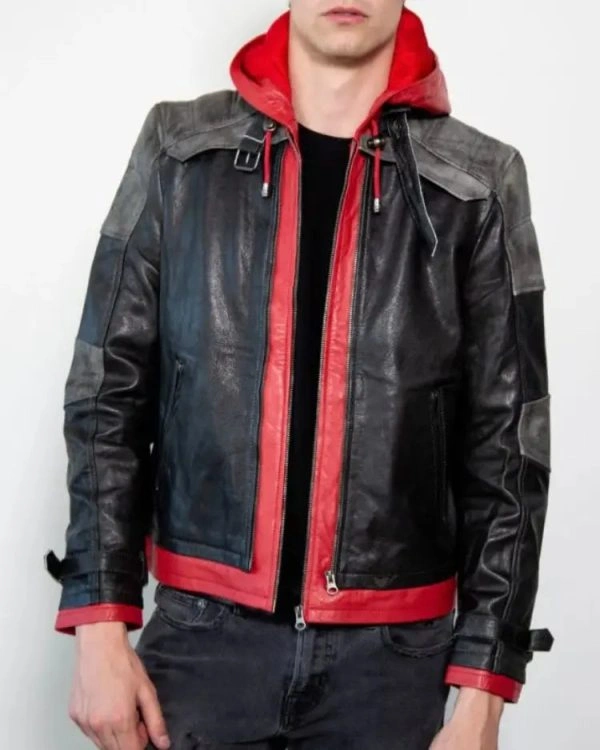 Batman Arkham Knight Black & Red Hooded Leather Jacket For Sale