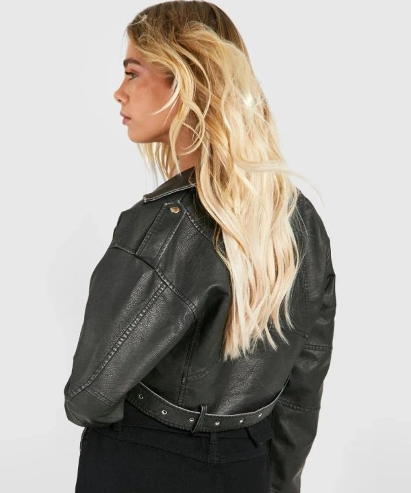Black Distressed Cropped Biker Leather Jacket