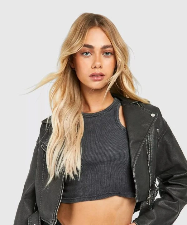 Black Distressed Cropped Leather Jacket