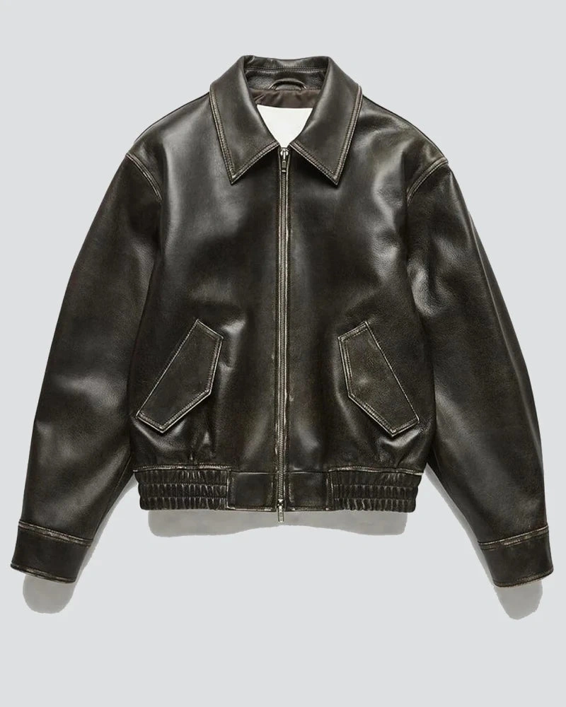 Brushed Black Italian Lambskin Distressed Leather Jacket