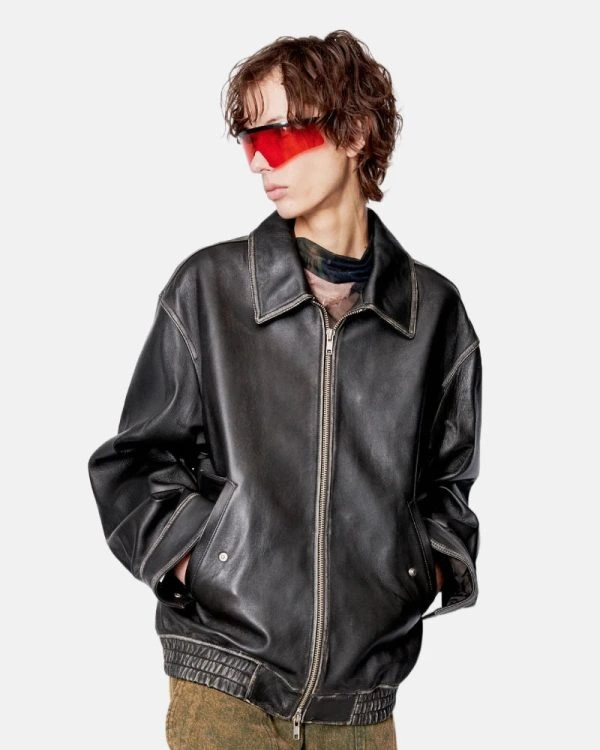 Brushed Italian Lambskin Distressed Leather Jacket Black