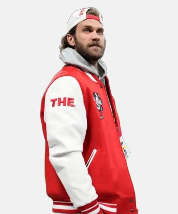 Bryce Harper Ohio State University Red and White Varsity Jacket With Leather Sleeves