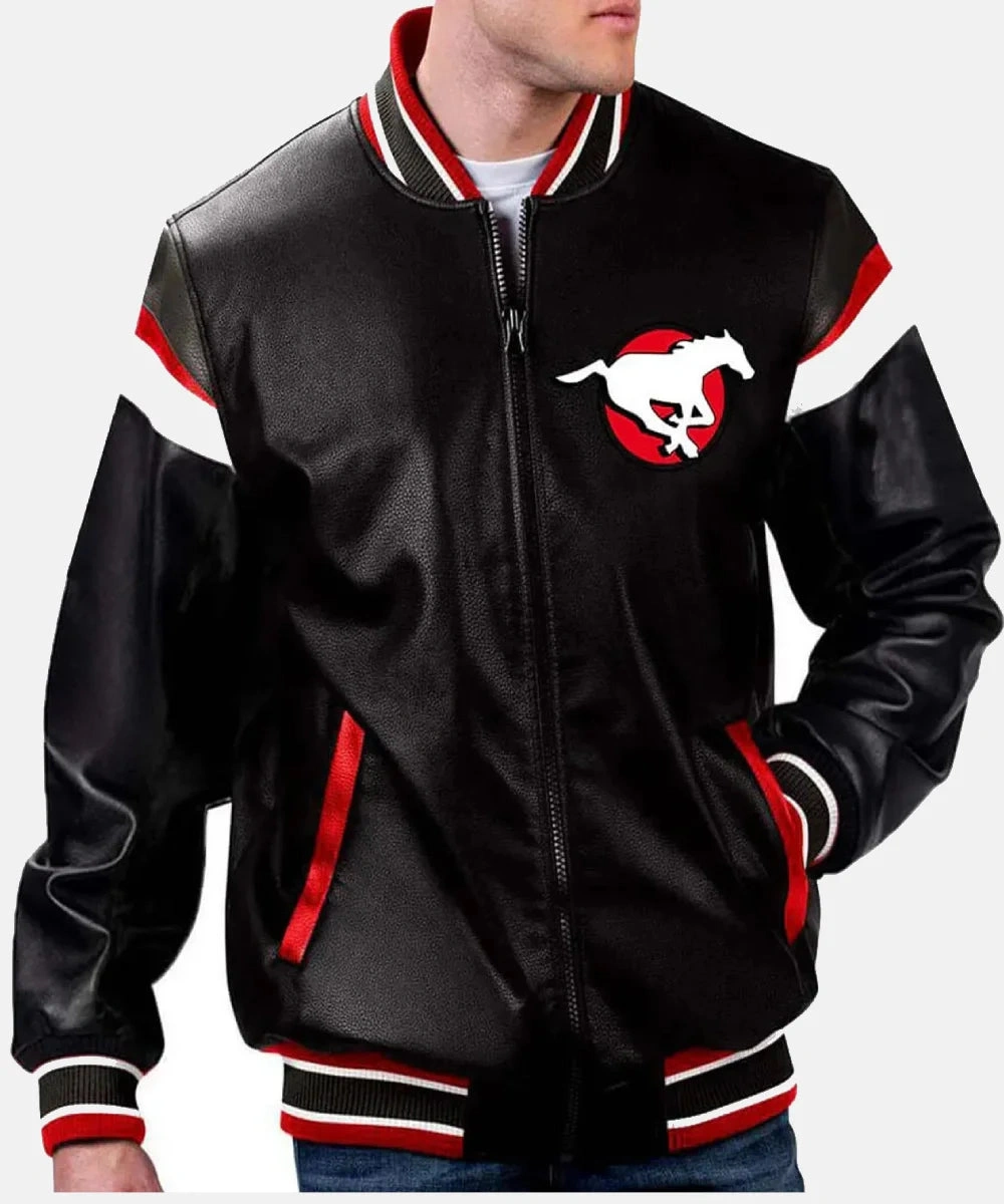 Calgary Stampeders Full-Zip Black Leather Varsity Bomber Jacket