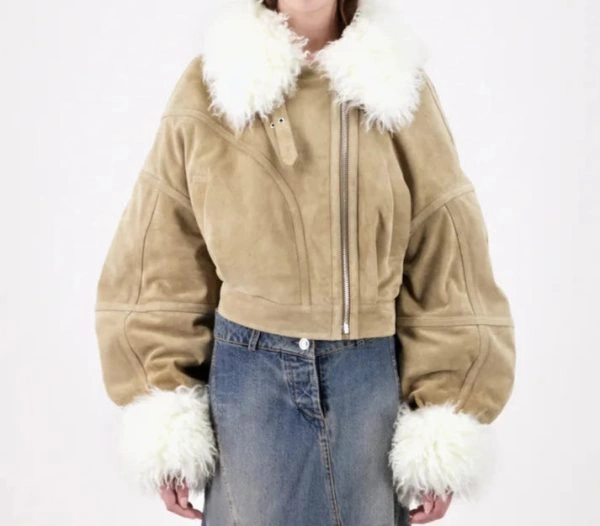 Camille Razat Emily in Paris Camille Suede Jacket with Faux Fur Trim