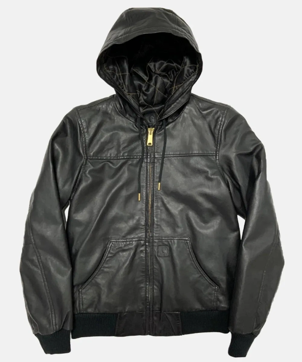 Carhartt Active Black Hooded Leather Jacket For Sale