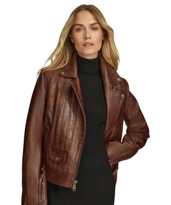 Classical Hazel Brown Biker Leather Jacket Women's