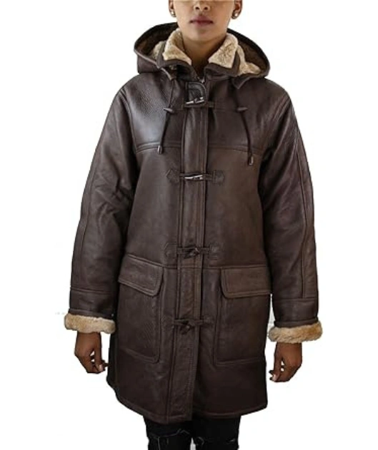 DUFFLE HOODED LEATHER LONG COAT BROWN