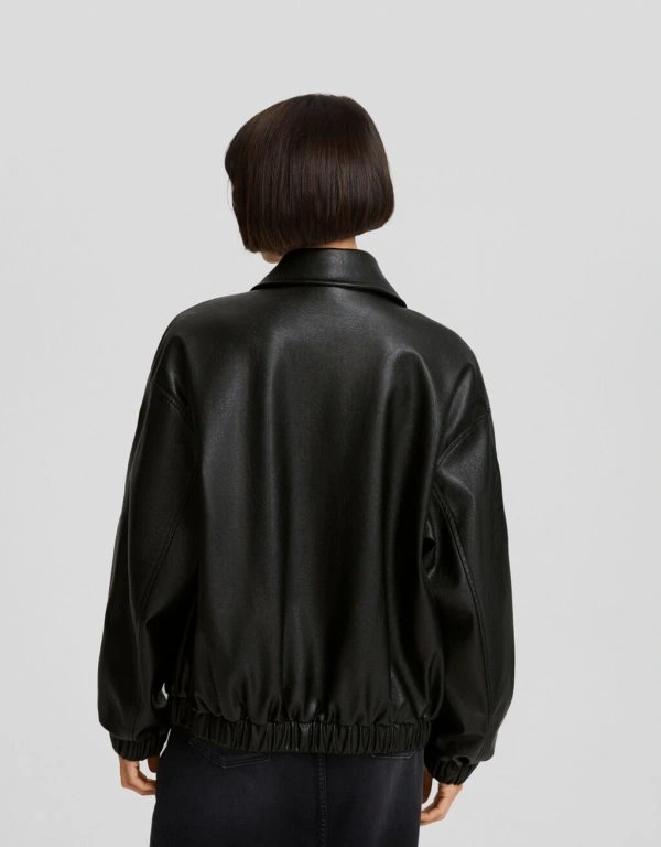 Dad Fit Black Faux Leather Bomber Jacket