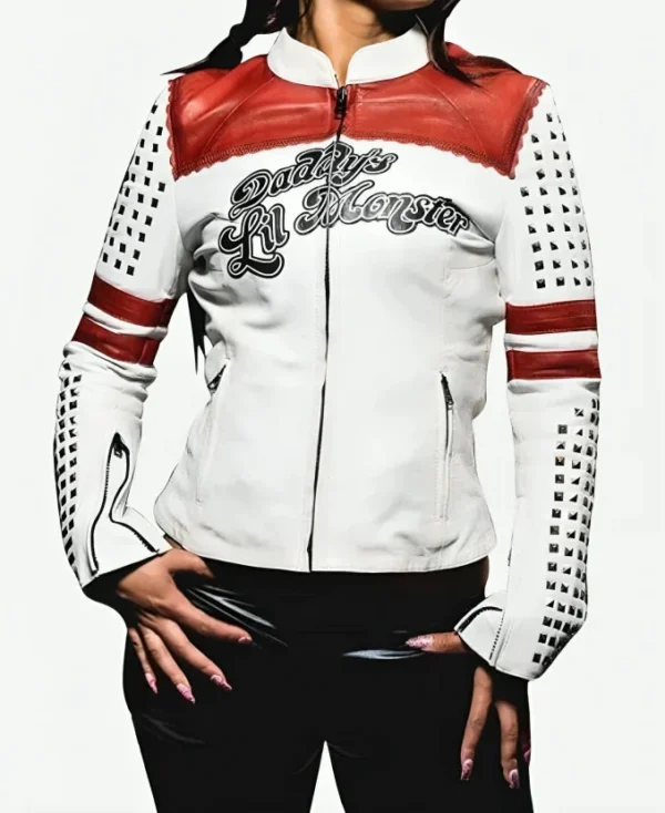 Daddy’s Lil Monster Red And White Harley Quinn Leather Jacket