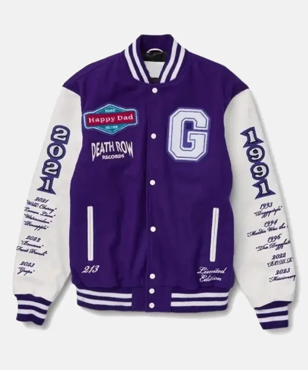 Death Row Happy Dad Varsity Jacket Purple & White