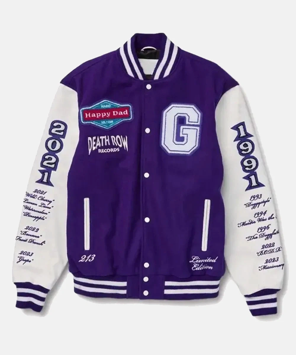 Death Row Happy Dad Varsity Jacket Purple & White