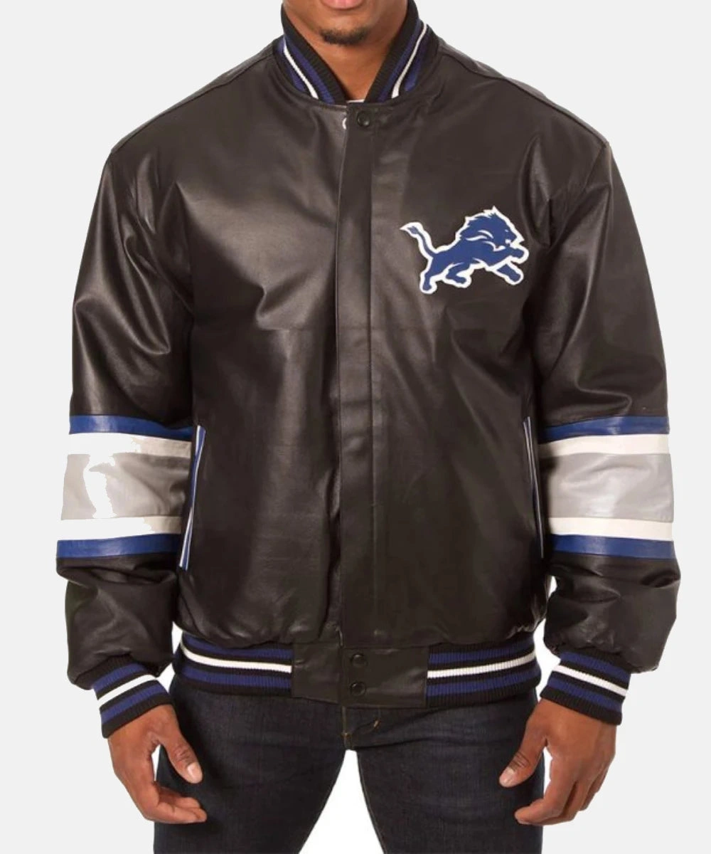 Detroit Lions Black Full-Snap Leather Varsity Bomber Jacket