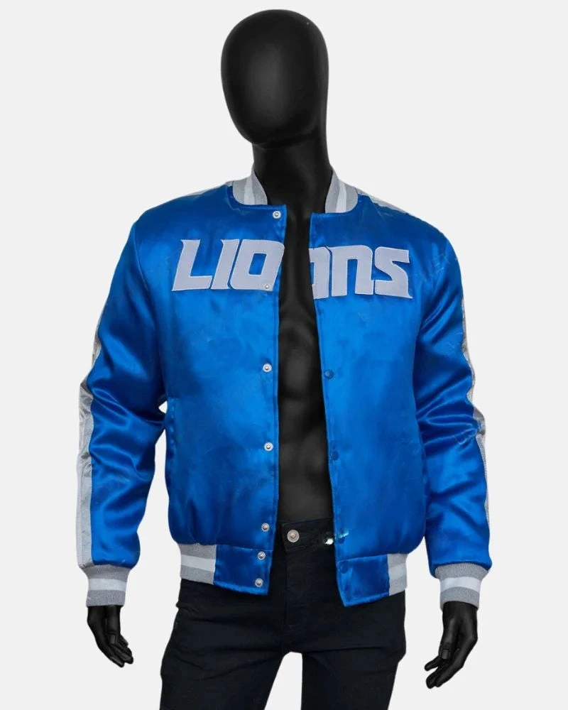 Detroit Lions Calvin Johnson Blue Satin Varsity Bomber Jacket