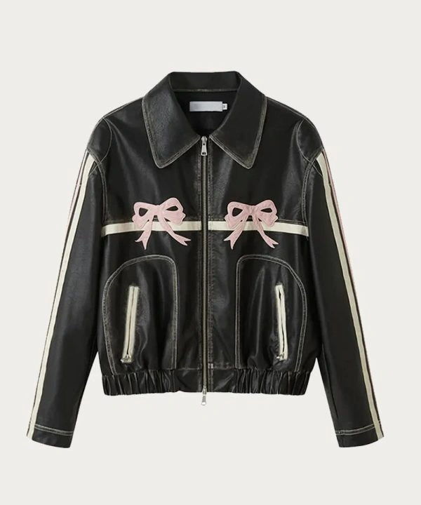 Diddi Moda Arcana Archive Retro Color-Painted Pink Bow Black Leather Jacket