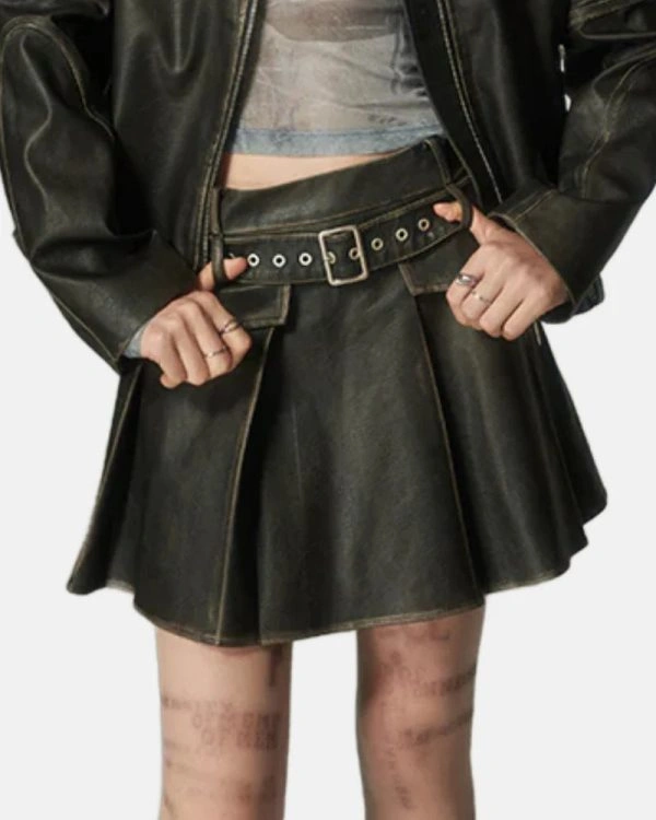 Diddi Moda Black Leather Belt Pleated Skirt